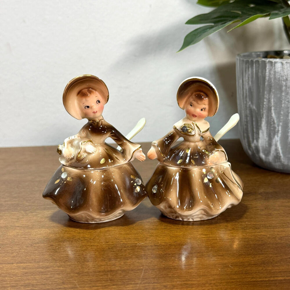 Vintage Enesco Golden Girls Condiment Set with Spoons 1950s Japan
